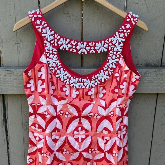 Nanette Lepore Beaded Floral Dress Tropical Tiki Hawaiian Vacation Vibes Sz 2 - Picture 2 of 5